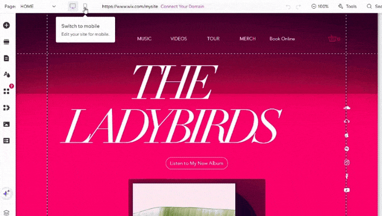 Gif showing Wix's editor go from desktop to mobile view for a music website