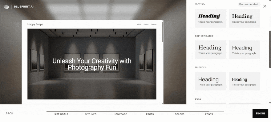 Squarespace Blueprint AI step to choose a font type for your website