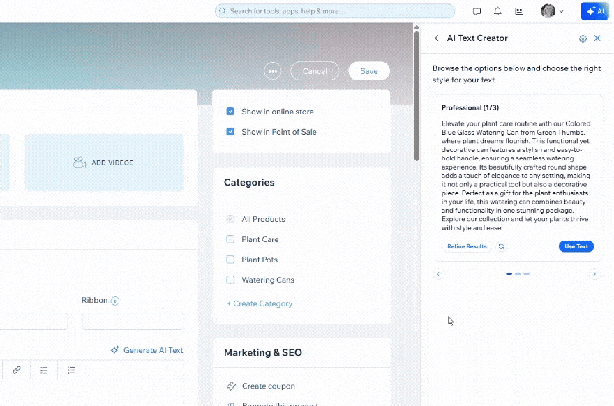 Gif showing Wix AI text creator showing refinement options for a product description