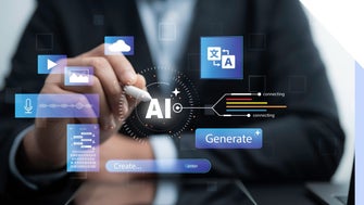 man in suit tapping a pen against a graphic that says AI