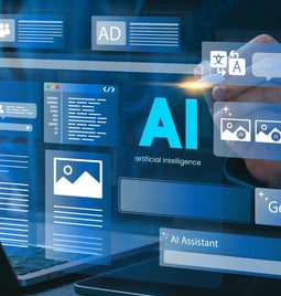 Floating boxes showing AI and AI-generated content elements above a laptop