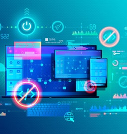 A colorful digital interface featuring multiple devices showcasing data analytics, cloud storage, and various tech icons on a blue background.