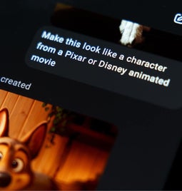 A smartphone screen displaying an AI-generated image of a dog with a prompt to make it resemble a Pixar or Disney character.