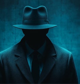 Silhouette of a man in a black fedora hat and suit