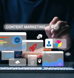 Photo of a person using a tablet with an overlay of website screen graphics