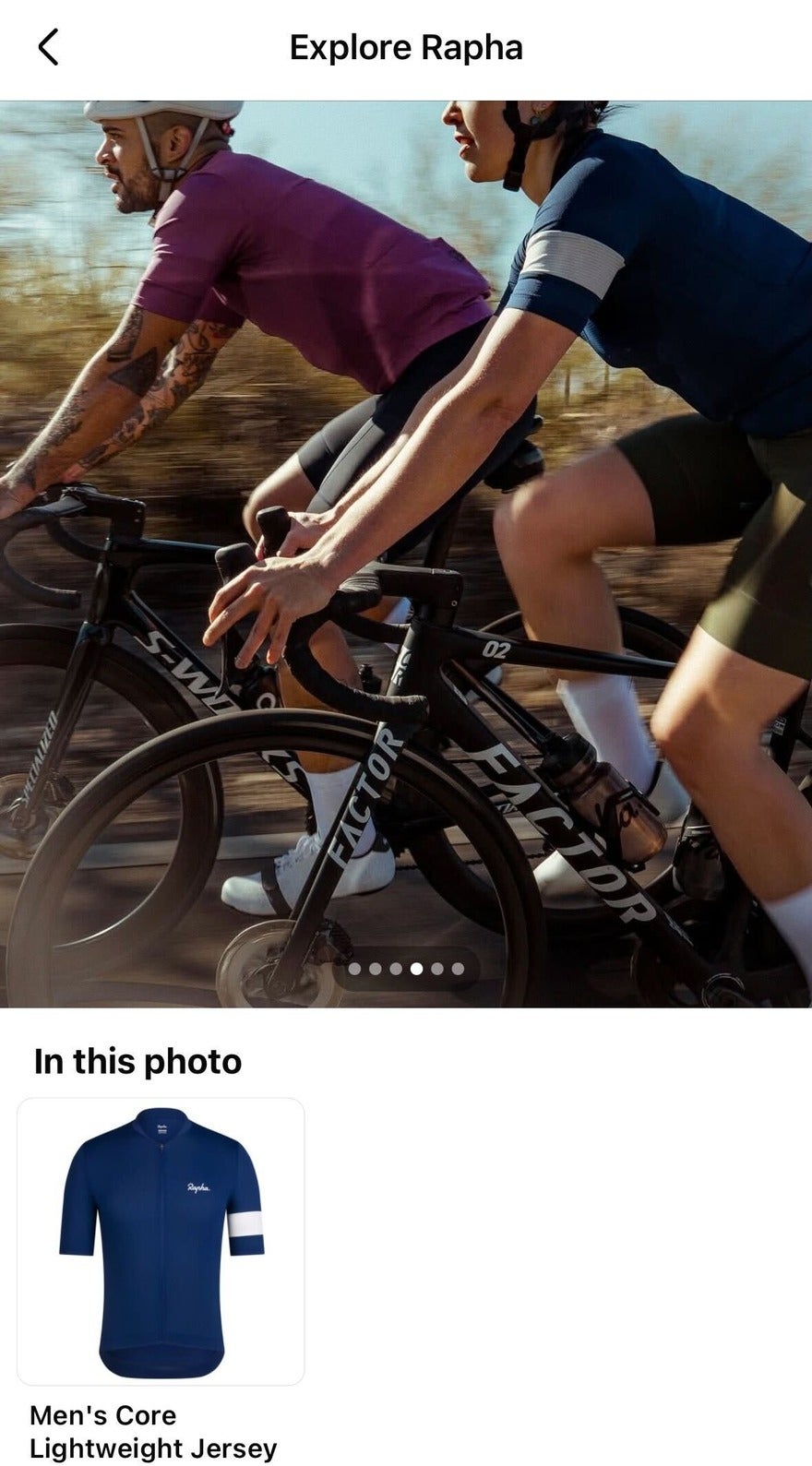 Facebook post of two cyclists in action. A section underneath titled "In this photo" links to a product page of a men's sports shirt worn by the cyclist