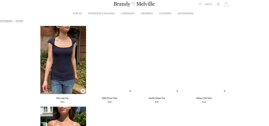 brandy melville homepage half loaded showing only two images