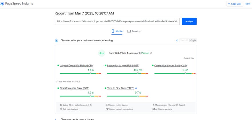 page speed insights for forbes article