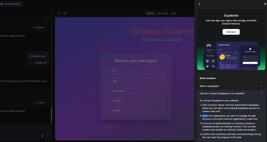 Hostinger Horizons Supabase connection