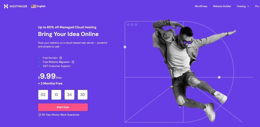 Hostinger's cloud hosting homepage inviting users to "start now"