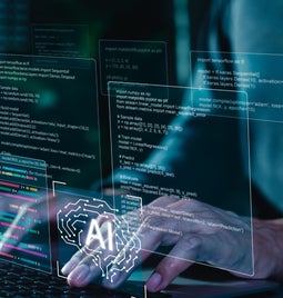 Person typing at a keyboard with floating graphics of code and AI symbols above