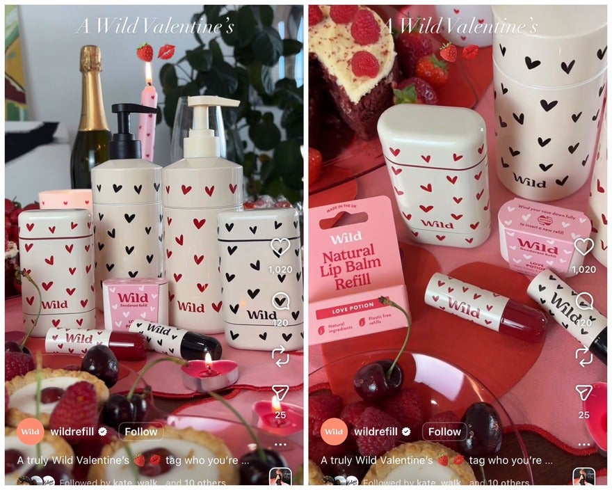 Cream products with red and black love hearts on them, arranged on a red table with cakes