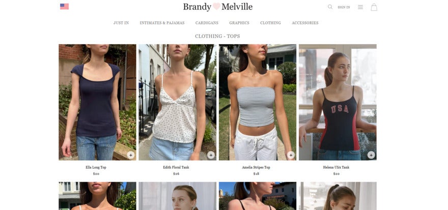 brandy melville homepage fully loaded showing all eight pictures