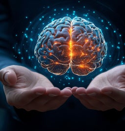 hand holding hologram of a brain