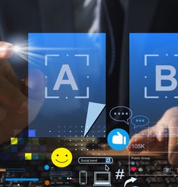 A person in a suit interacts with a digital interface displaying 