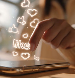 A hand pressing a smartphone screen with glowing 