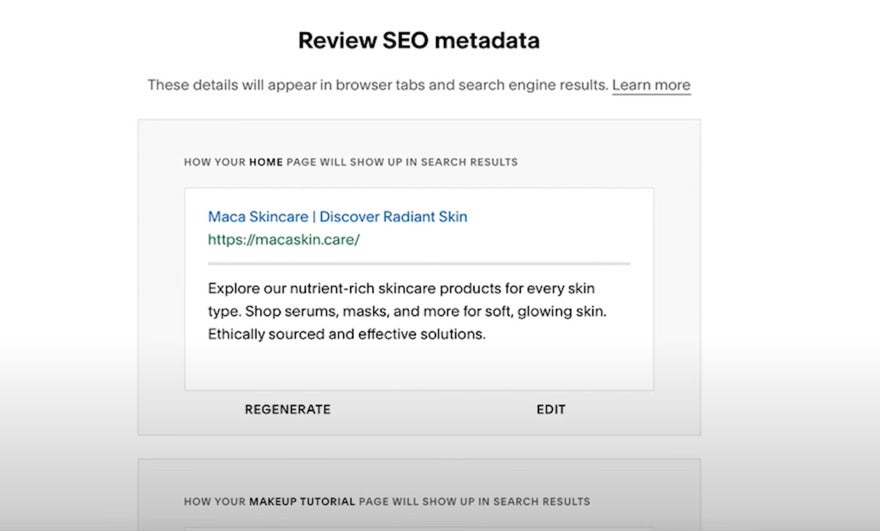 Squarespace AI meta data recommendation preview showing how it would appear in google