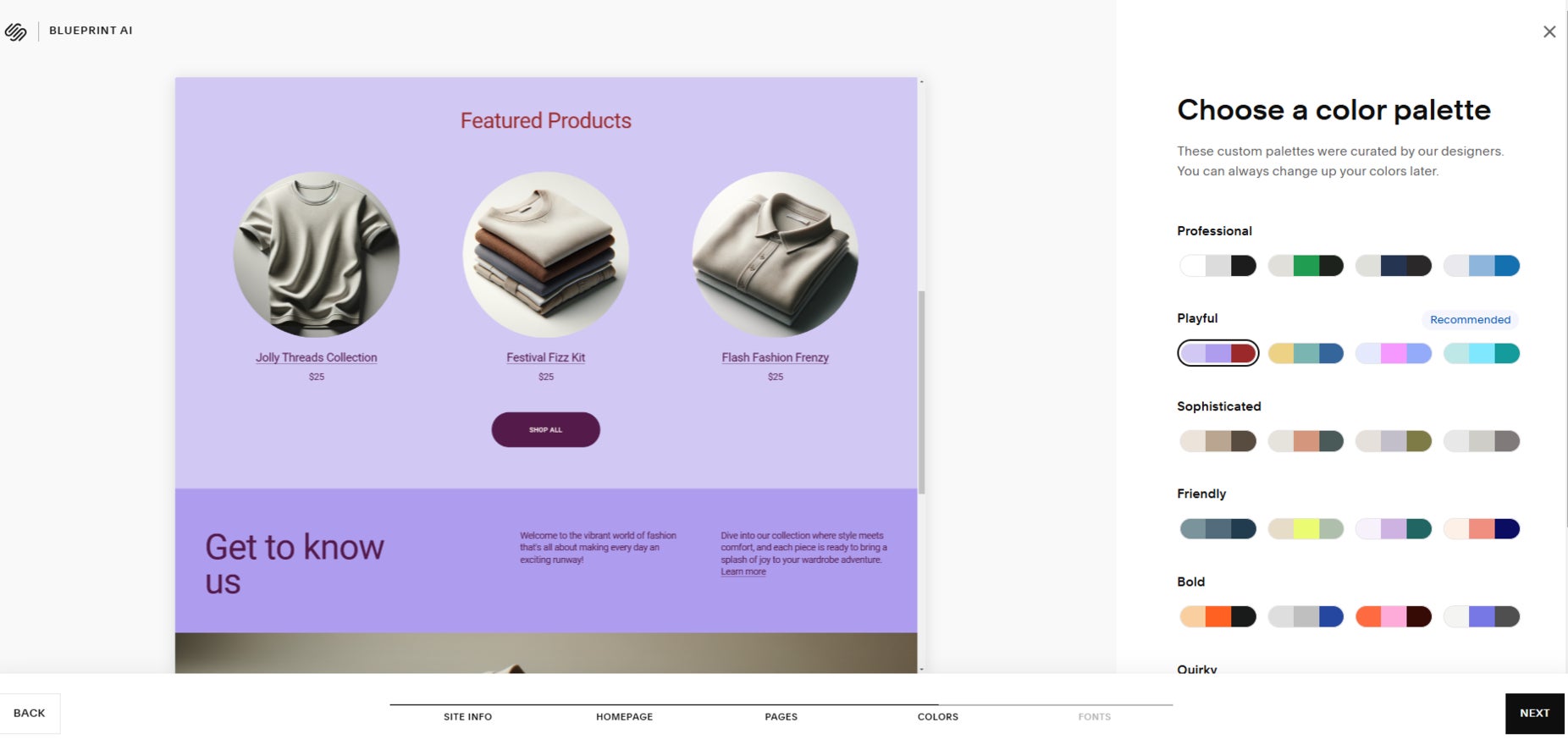 Choosing a color palette with sqaurespace blueprint setup