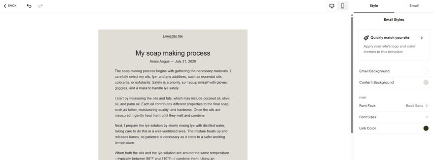 Squarespace email template editor using a blog post