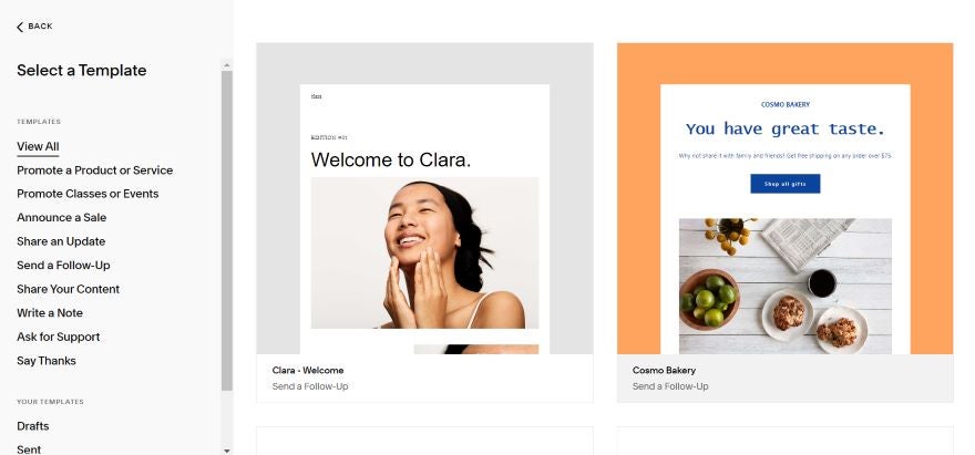 Screenshot of Squarespace's Email template page