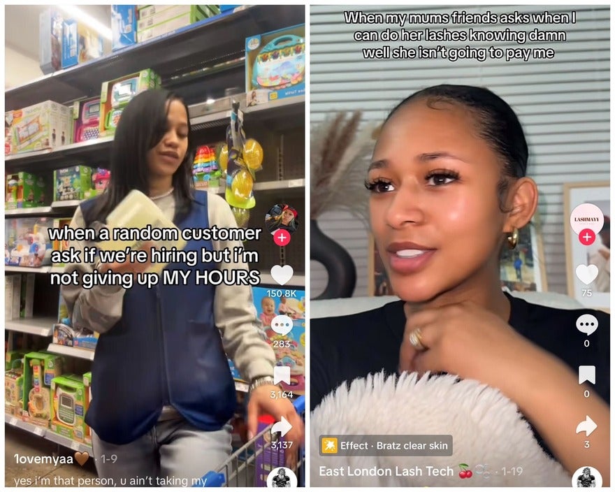 example of store worker with caption "when a random customer asks if we're hiring but I'm not giving up MY HOURS". The second example is an eyelash extension worker with the caption "When my mums friend asks when I can do her lashes knowing damn well she isn't going to pay me"