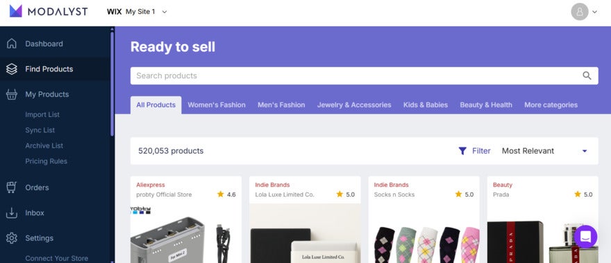 Modalyst homepage showing top trending products