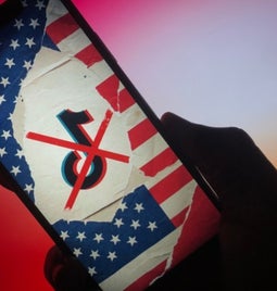 Phone screen showing a collage with the TikTok logo placed on top of the American flag and there's a red cross through the logo