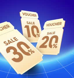 Three voucher codes with different percentages floating against a blue tech background