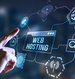 Man's hand pointing at a floating graphic that says 