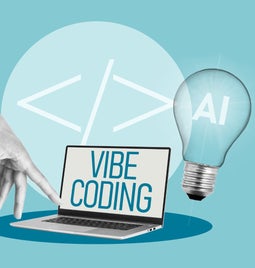 Blue background with a collage of images, including a finger pointing at a laptop that says vibe coding and a light bulb labelled AI