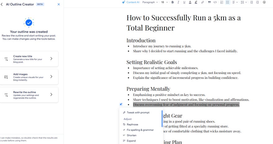 blog post draft for running a 5km run. A section is highlighted and options to weak the selected text