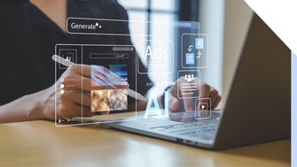 A person's hands using a computer with a graphic overlay that says 