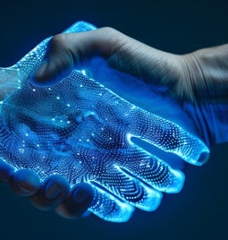 Human hand shaking a glowing blue hand to symbolize technology and AI