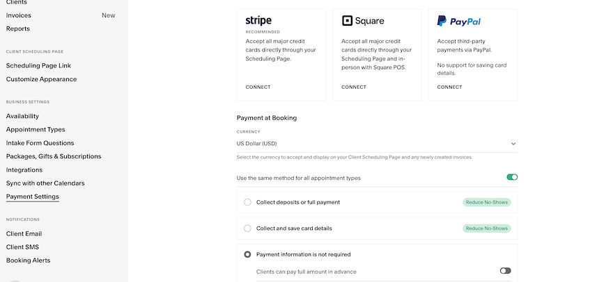 The Acuity &ldquo;Payment Settings&rdquo; page, displaying the three different payment processor integrations available, plus various payment rules we could implement.