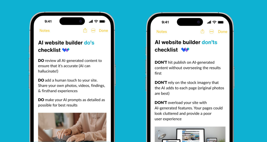 Two smartphones side by side displaying an AI website builder checklist: "do's" on the left, "don'ts" on the right, on a blue background.