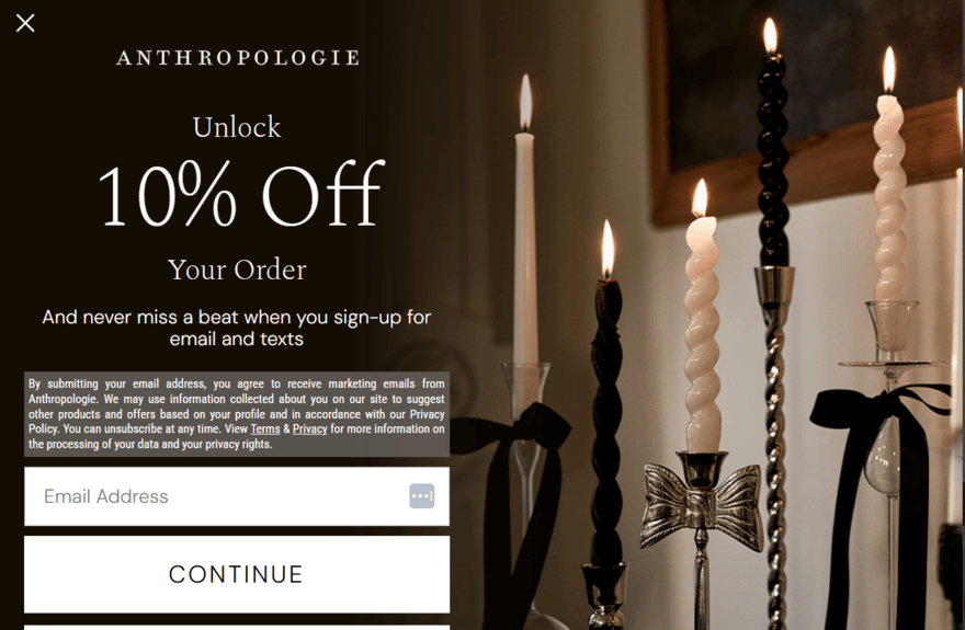 Anthropologie pop up offering a 10% off discount if you sign up to the newsletter