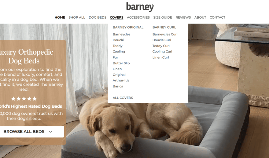 Barney pet bed website navigation bar