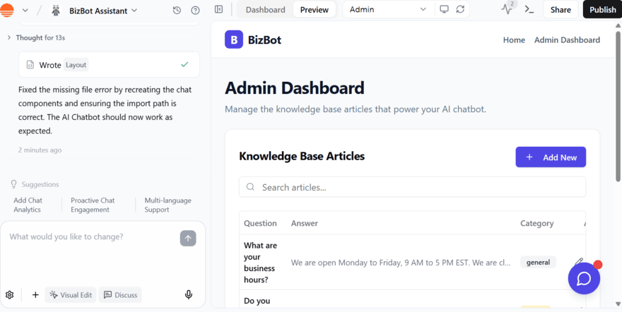 Base44 vibe coding tool generating an AI chatbot for a business