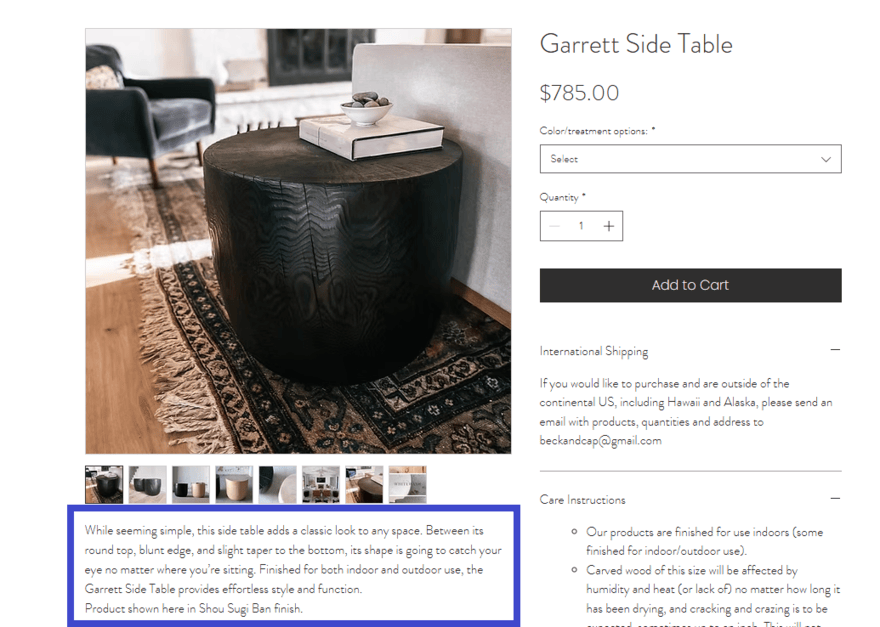 Highlighted product description on Beck and Cap store