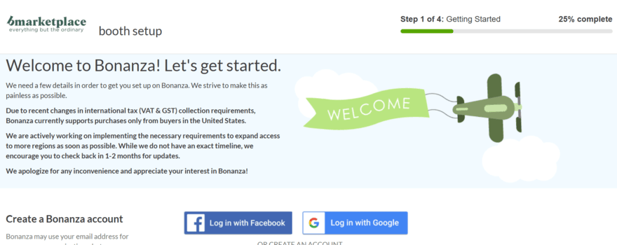 Bonanza sign up page for sellers