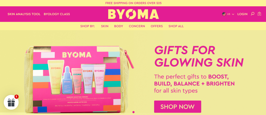 Screenshot of Byoma's online store front page with a hero image and "Shop now" button