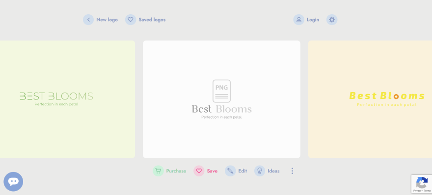 Logo design interface displaying "Best Blooms" with variations in color and style, featuring options to purchase, save, or edit designs.