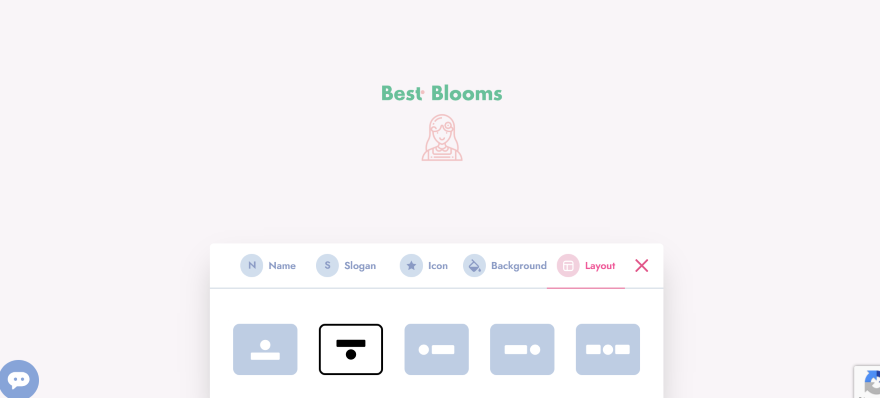 A design interface featuring the text "Best Blooms," icon options, and layout selections for a floral business branding project.