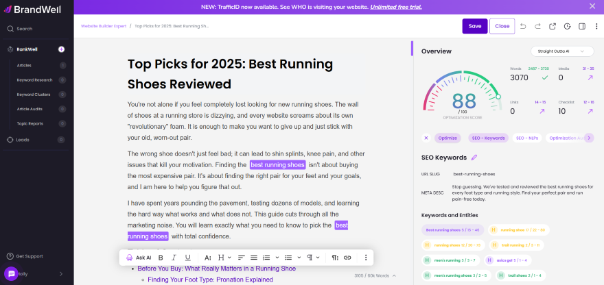 Screenshot of a website editor displaying an article titled "Top Picks for 2025: Best Running Shoes Reviewed," with SEO metrics and suggestions.