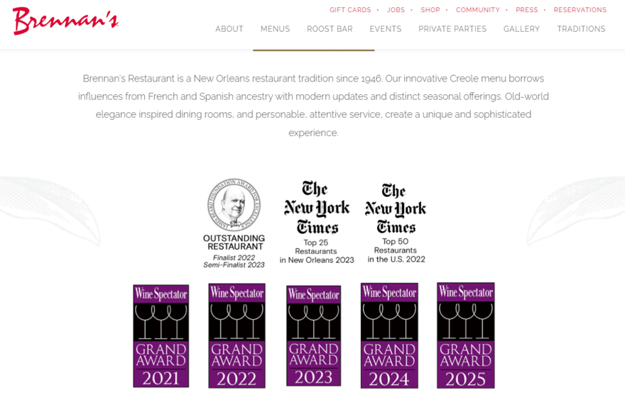 Brennan's restaurant website featuring its recent awards