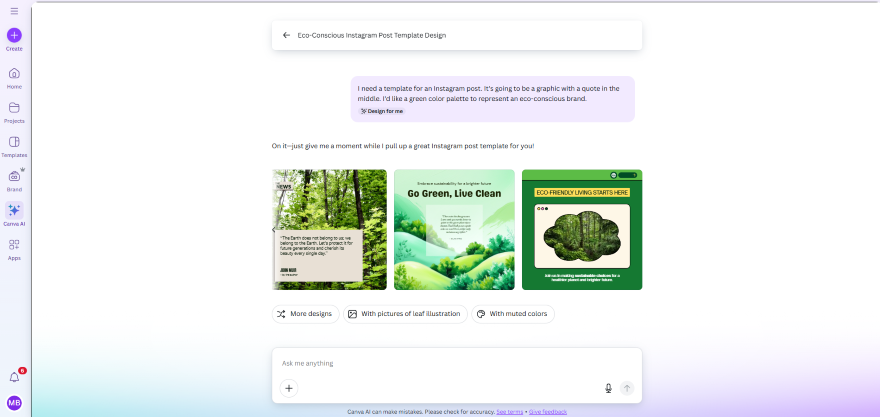 A design interface showing eco-conscious Instagram post templates featuring greenery and motivational quotes about sustainability.