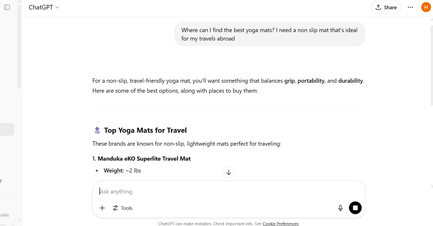Screen showing a list of travel-friendly yoga mats with non-slip features. Title reads 'Top Yoga Mats for Travel.' The screen conveys informational content in a straightforward manner.