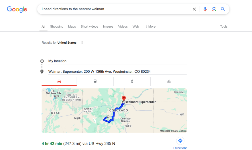 A google map snipped showsing the directions to the nearest Walmart in a Colorado location