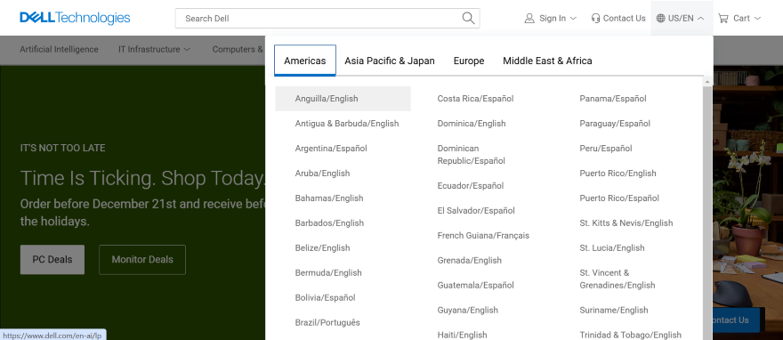 Screenshot of dropdown bar on Dell's front page allowing users to change languages