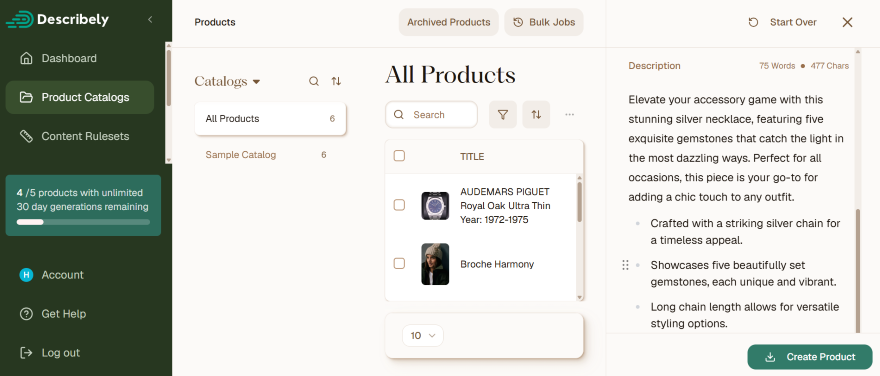 Screenshot of a product catalog page featuring luxury jewelry, including a silver chain with gemstones and options to create or archive products.